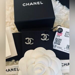 CHANEL 24A Silver and Crystal Small CC Logo Pendant Earrings - NEW with RECEIPT!